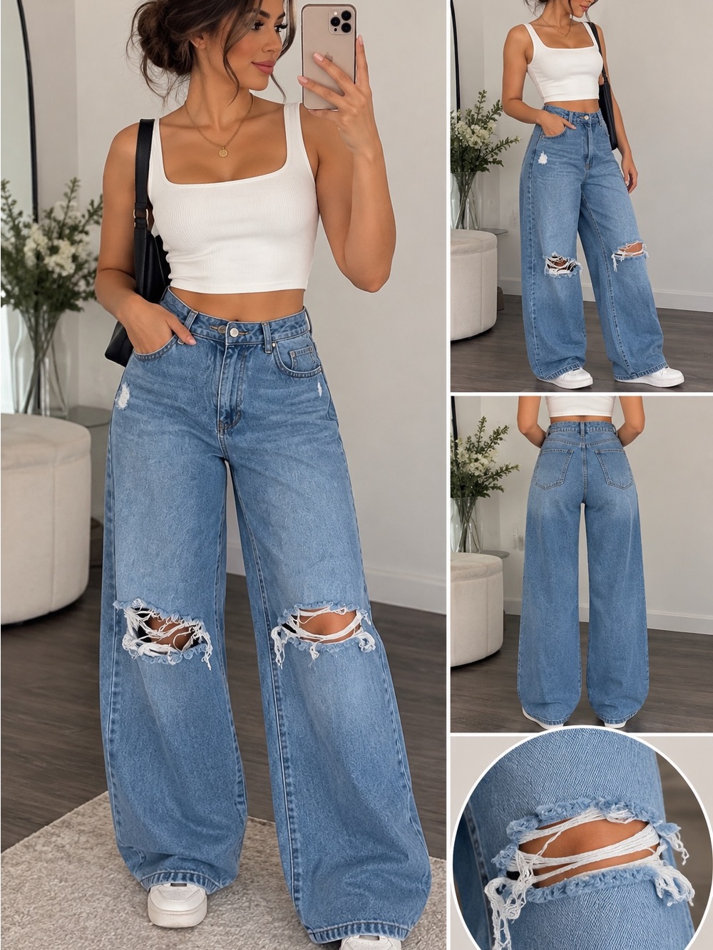 Wide Leg Distressed High-Rise Jeans - Blue